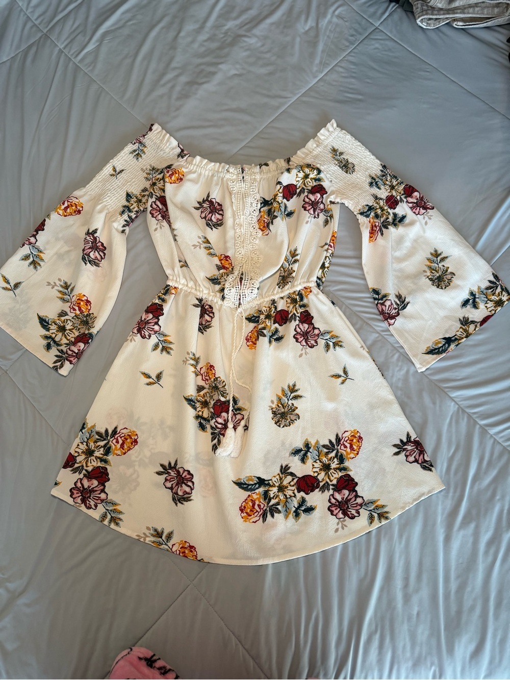 feathers Cream Floral Off-Shoulder Top with Burgundy & Red Yellow Accents